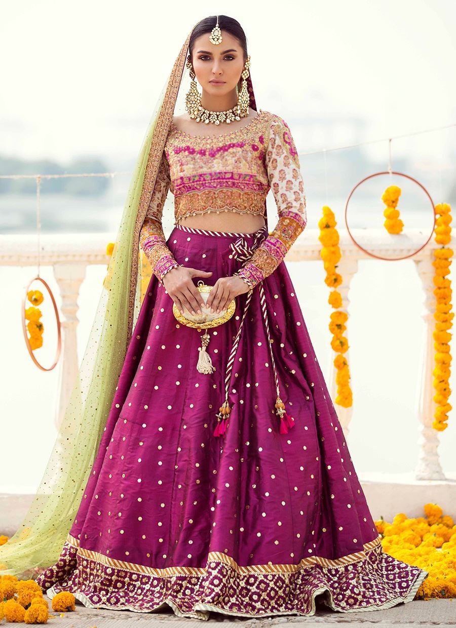 Pakistani Ivory Pink Embroidered Charmeuse Choli & Raw Silk Lehenga (3-Piece) - Image 1