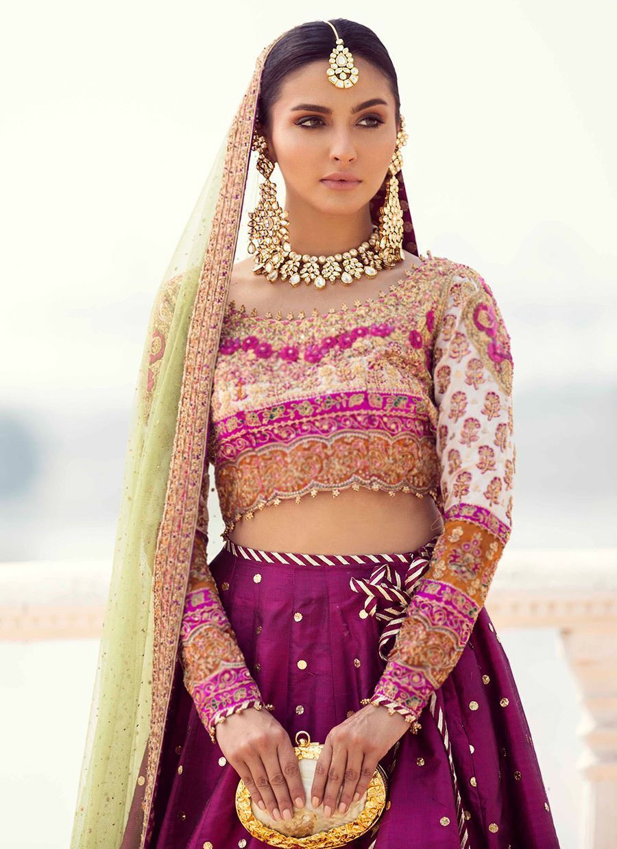 Pakistani Ivory Pink Embroidered Charmeuse Choli & Raw Silk Lehenga (3-Piece) - Image 2