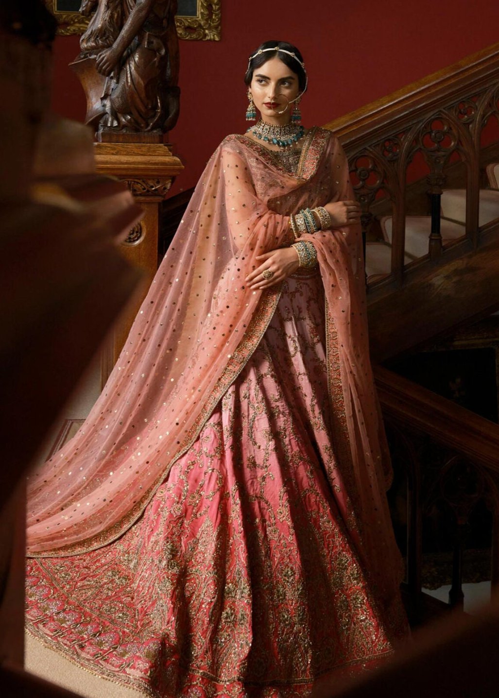 Pakistani Pink Ombre Embroidered Tissue & Raw Silk Lehenga (3-Piece) - Image 1