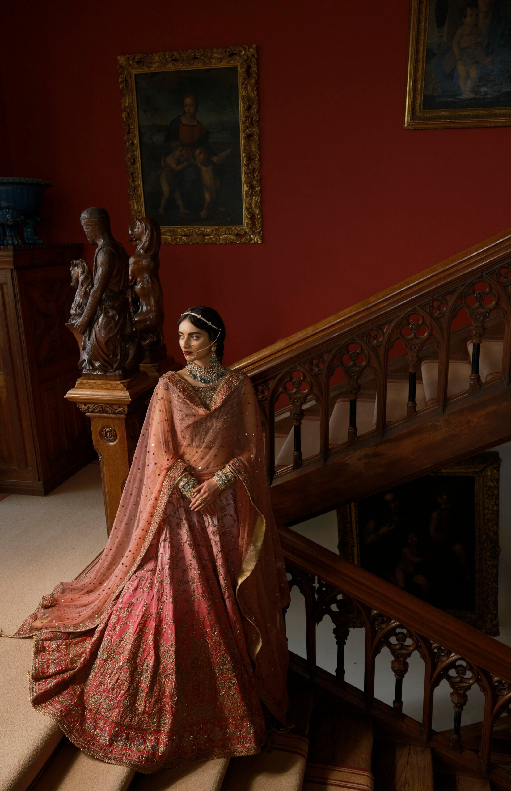 Pakistani Pink Ombre Embroidered Tissue & Raw Silk Lehenga (3-Piece) - Image 2