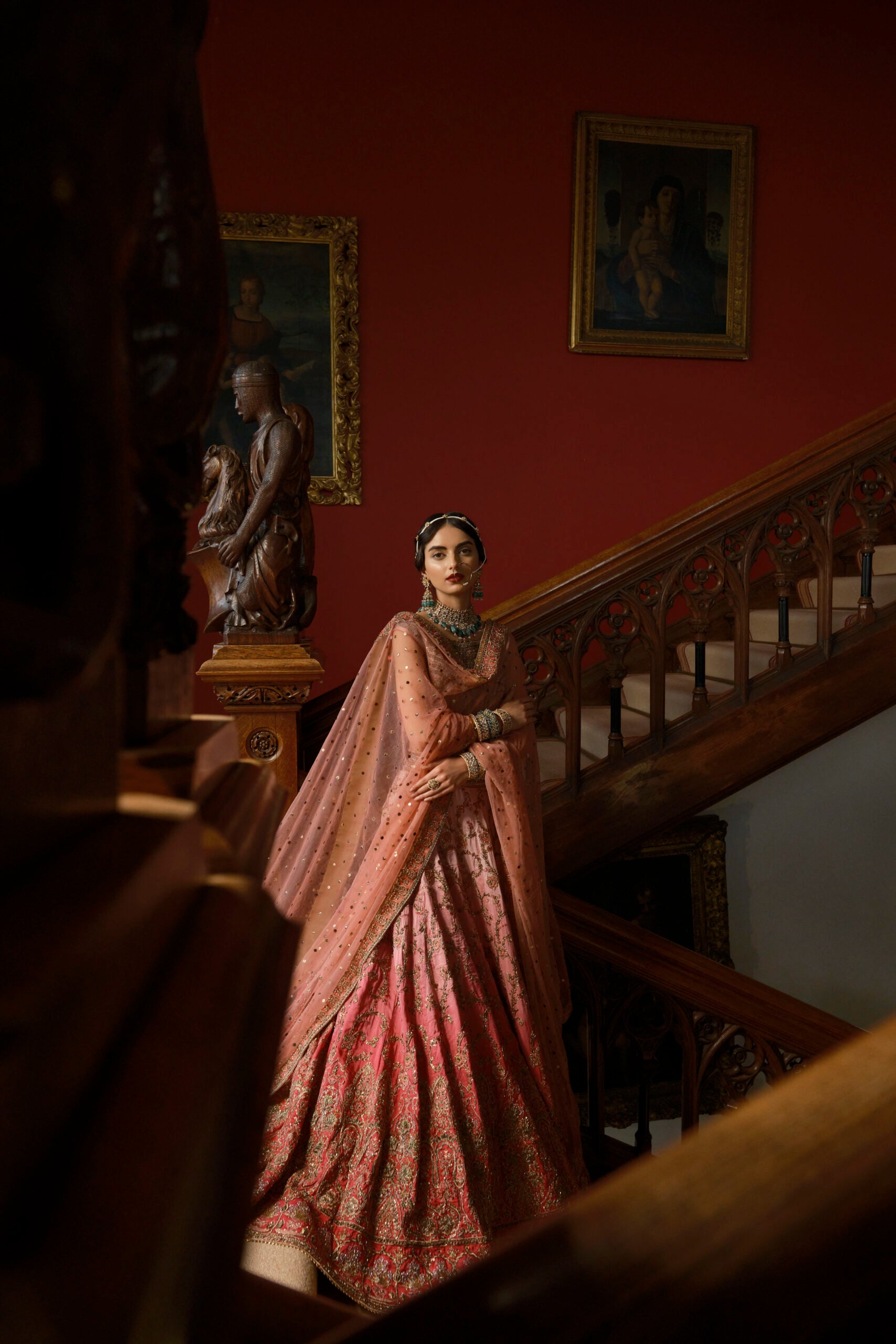 Pakistani Pink Ombre Embroidered Tissue & Raw Silk Lehenga (3-Piece) - Image 3