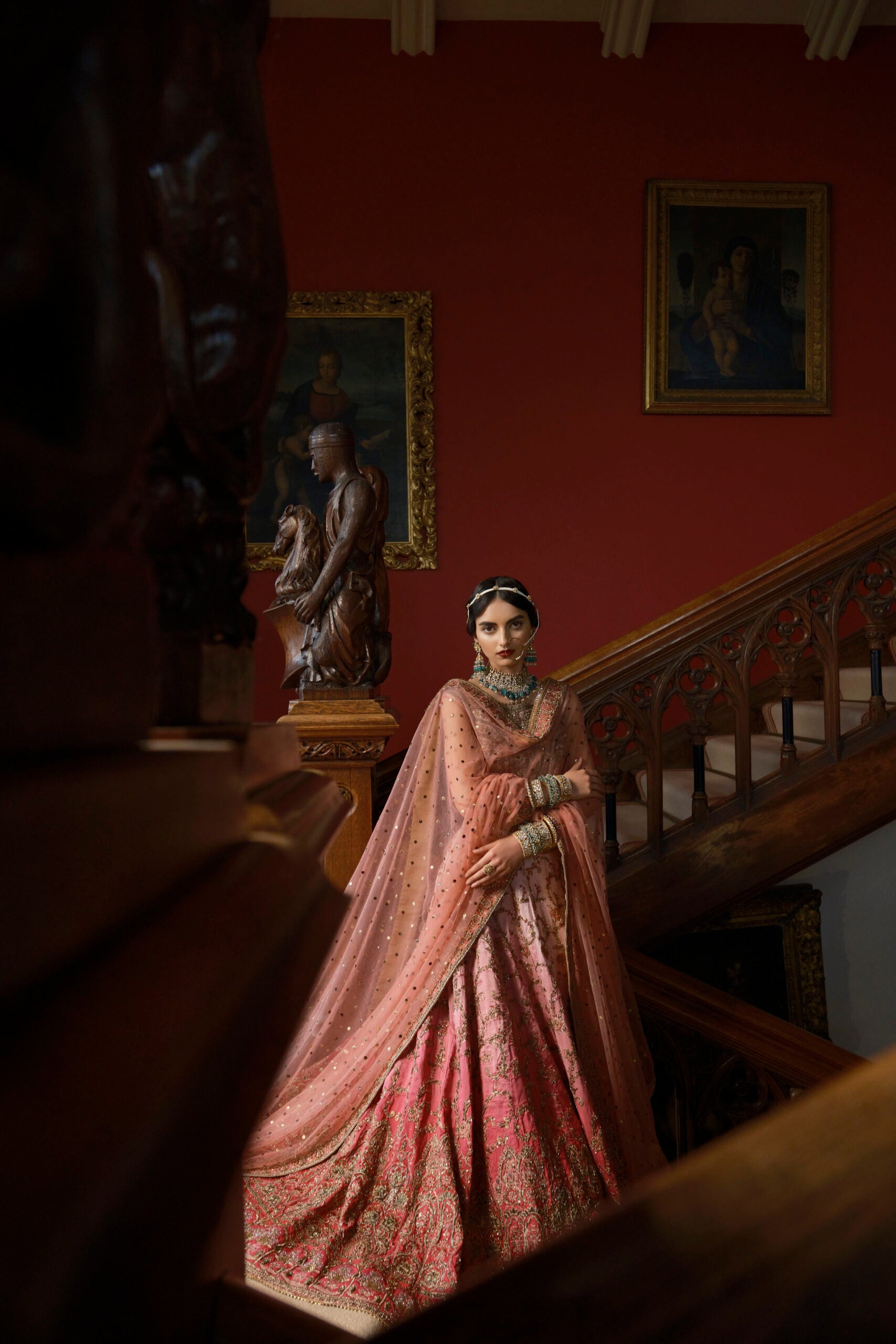 Pakistani Pink Ombre Embroidered Tissue & Raw Silk Lehenga (3-Piece) - Image 4