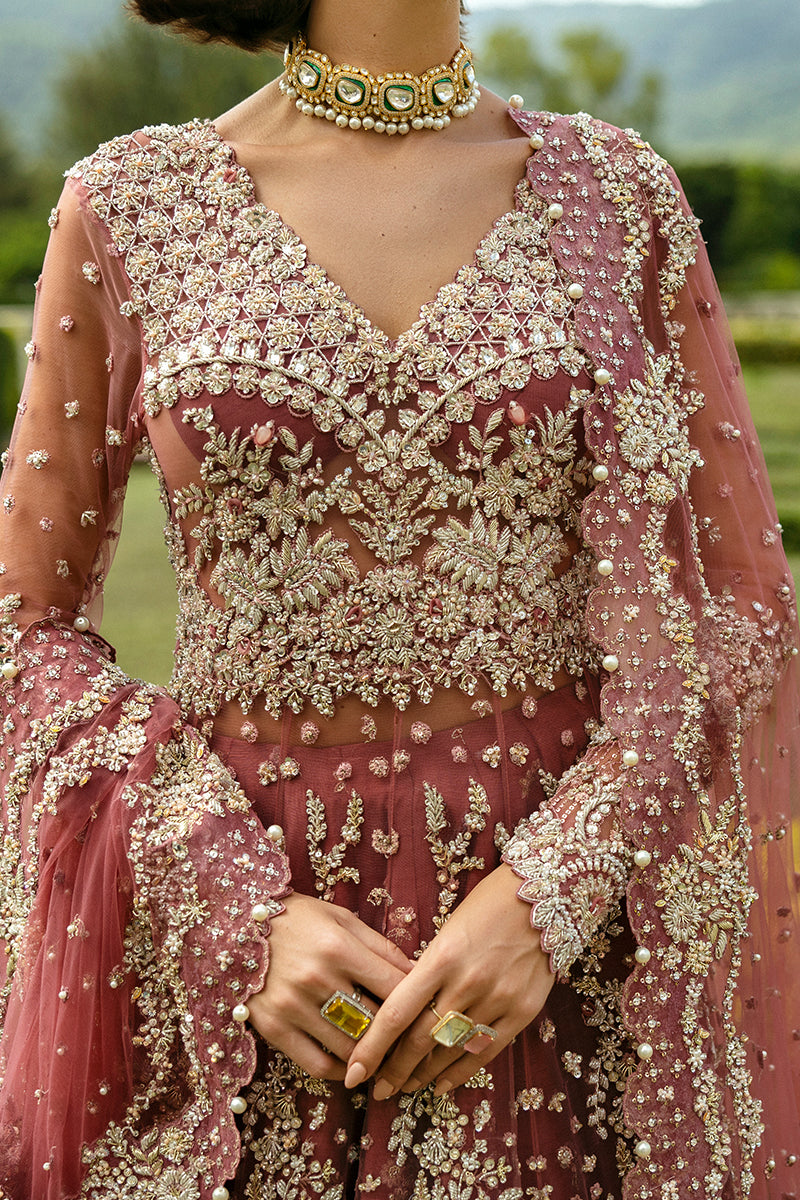 Tea Pink Embellished Net & Silk Bridal Lehenga (3-Piece) - Image 3