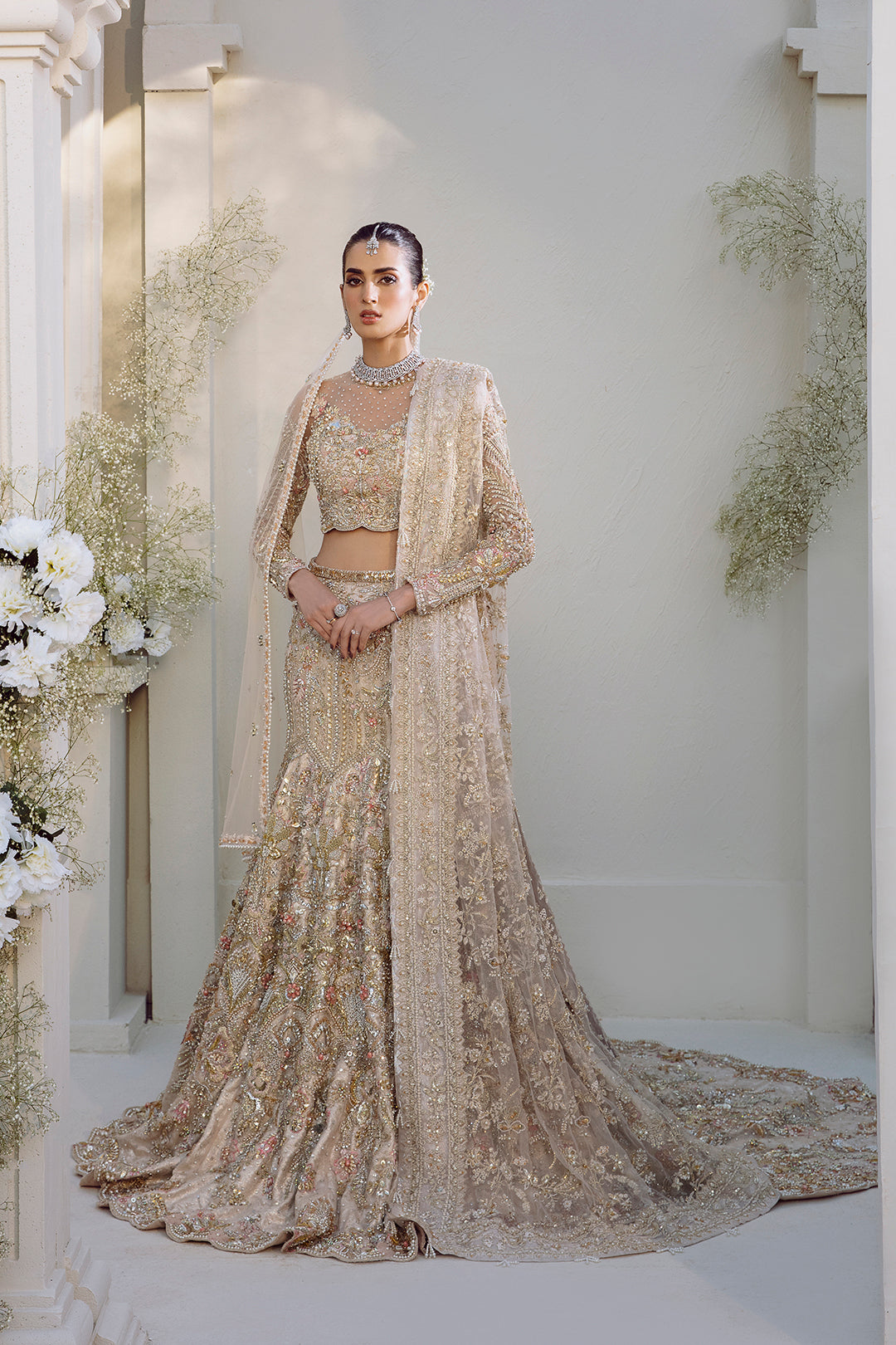 Subtle Pink Embroidered Net & Raw Silk Bridal Lehenga (3-Piece) - Image 1