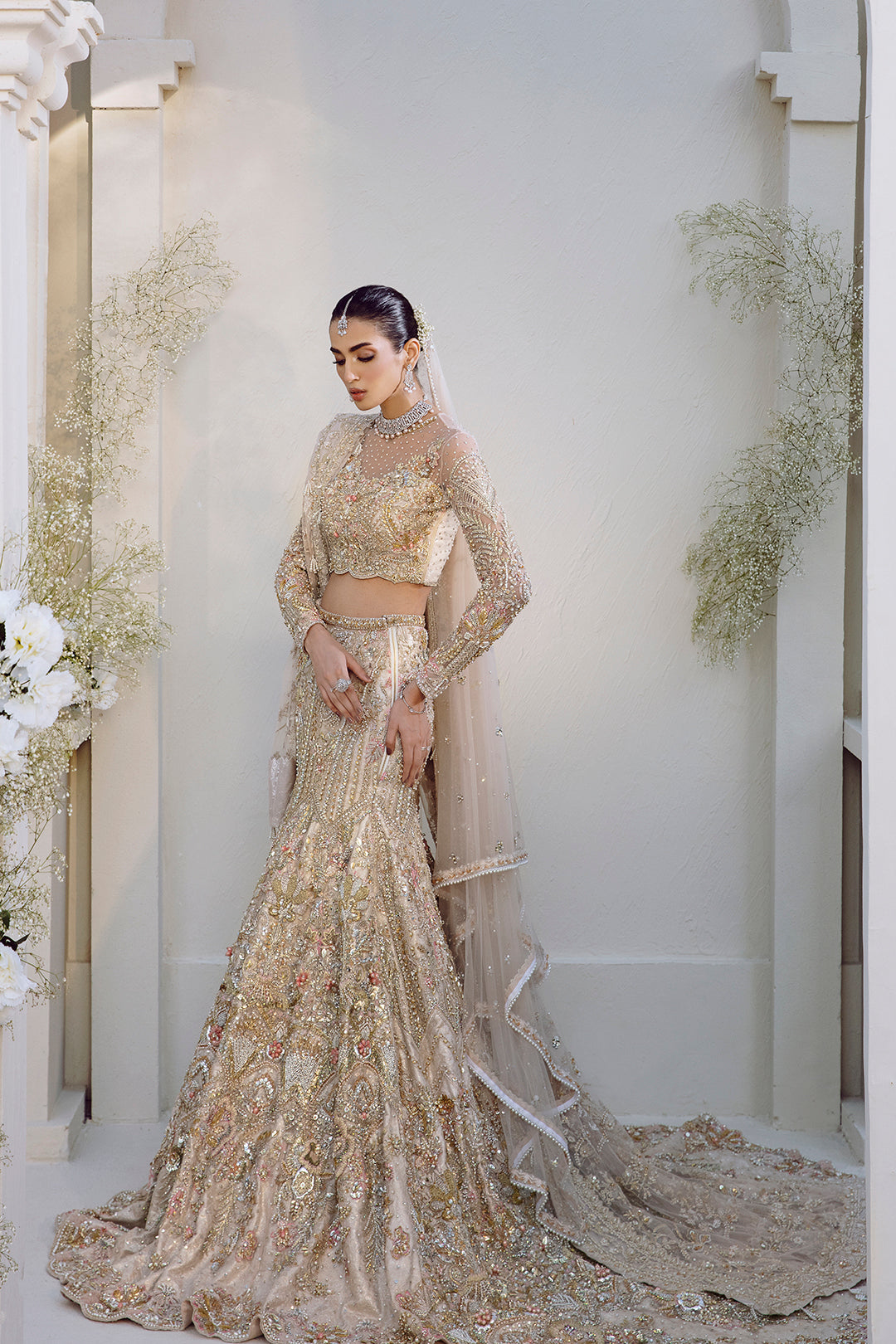 Subtle Pink Embroidered Net & Raw Silk Bridal Lehenga (3-Piece) - Image 3
