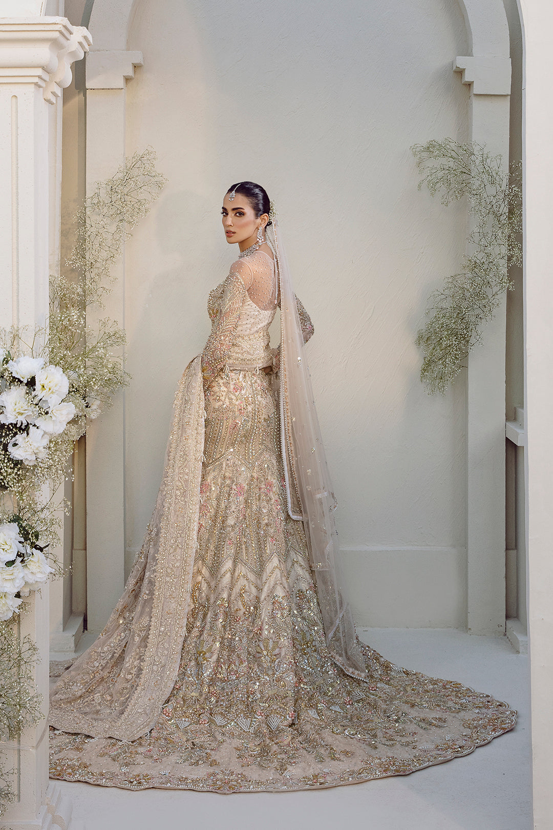 Subtle Pink Embroidered Net & Raw Silk Bridal Lehenga (3-Piece) - Image 4