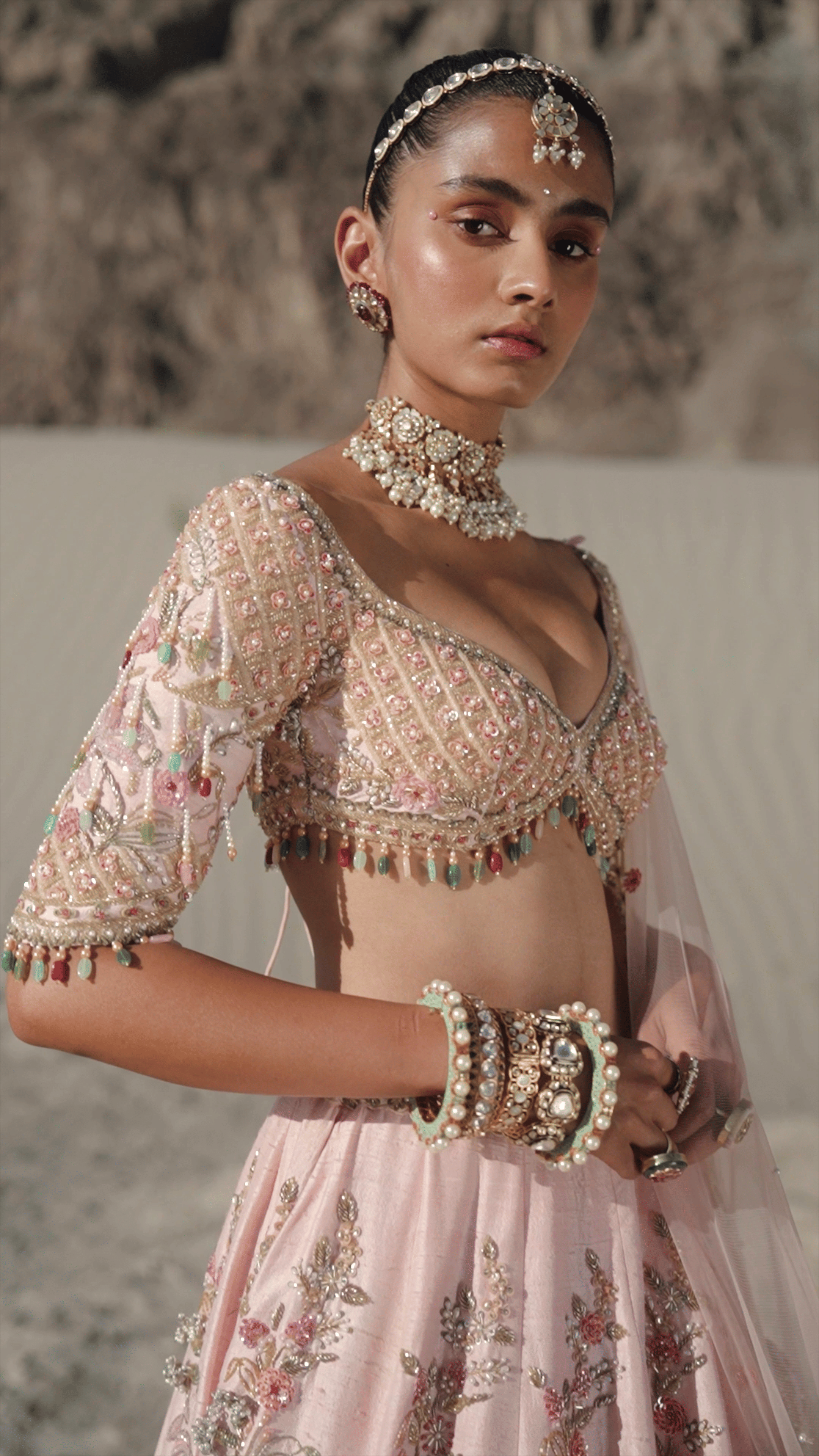 Pakistani Blush Pink Floral Embroidered Raw Silk Bridal Lehenga (3-Piece) - Image 3