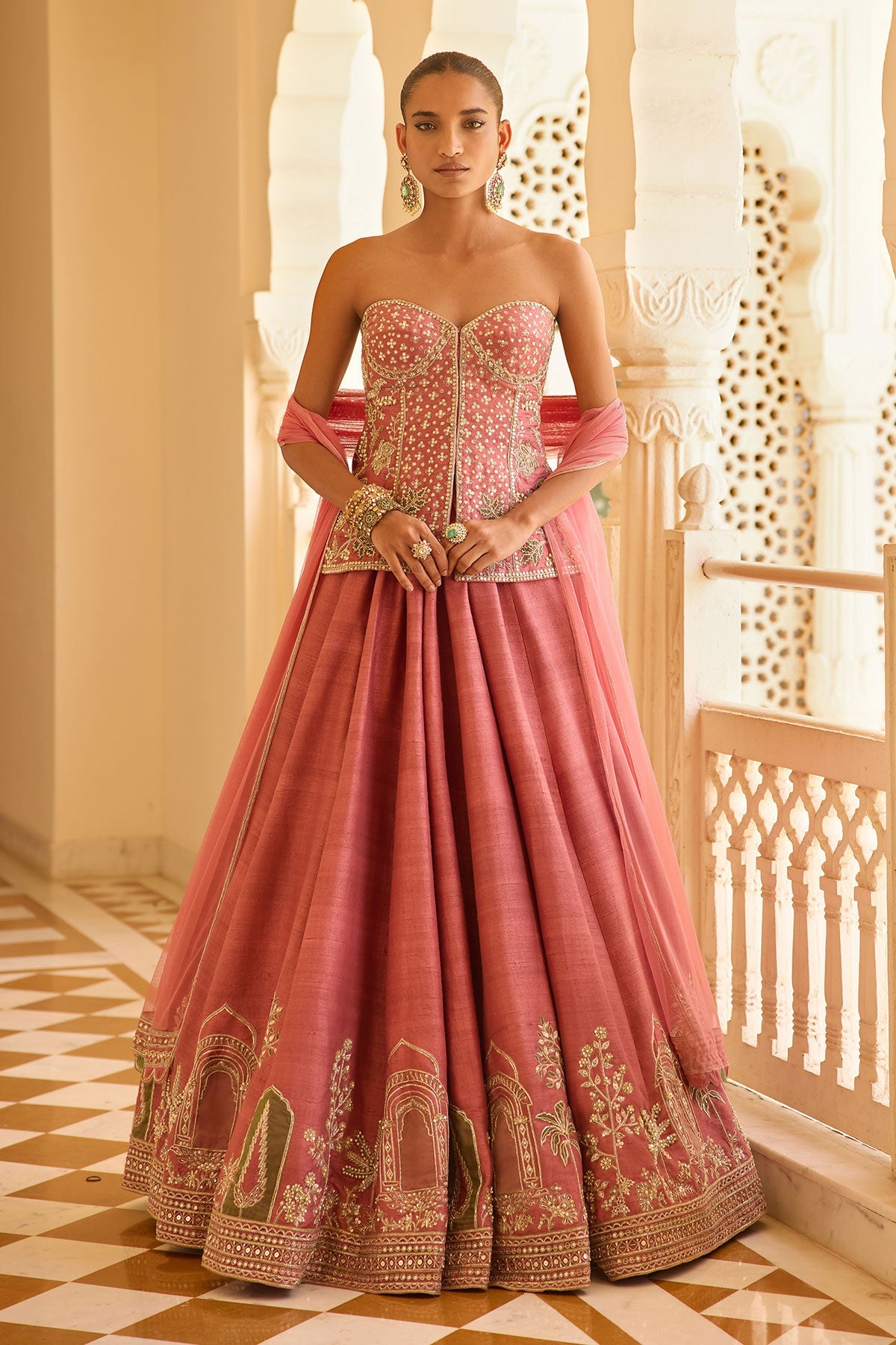 Coral Embroidered Raw Silk Lehenga Set (3-Piece) - Image 1