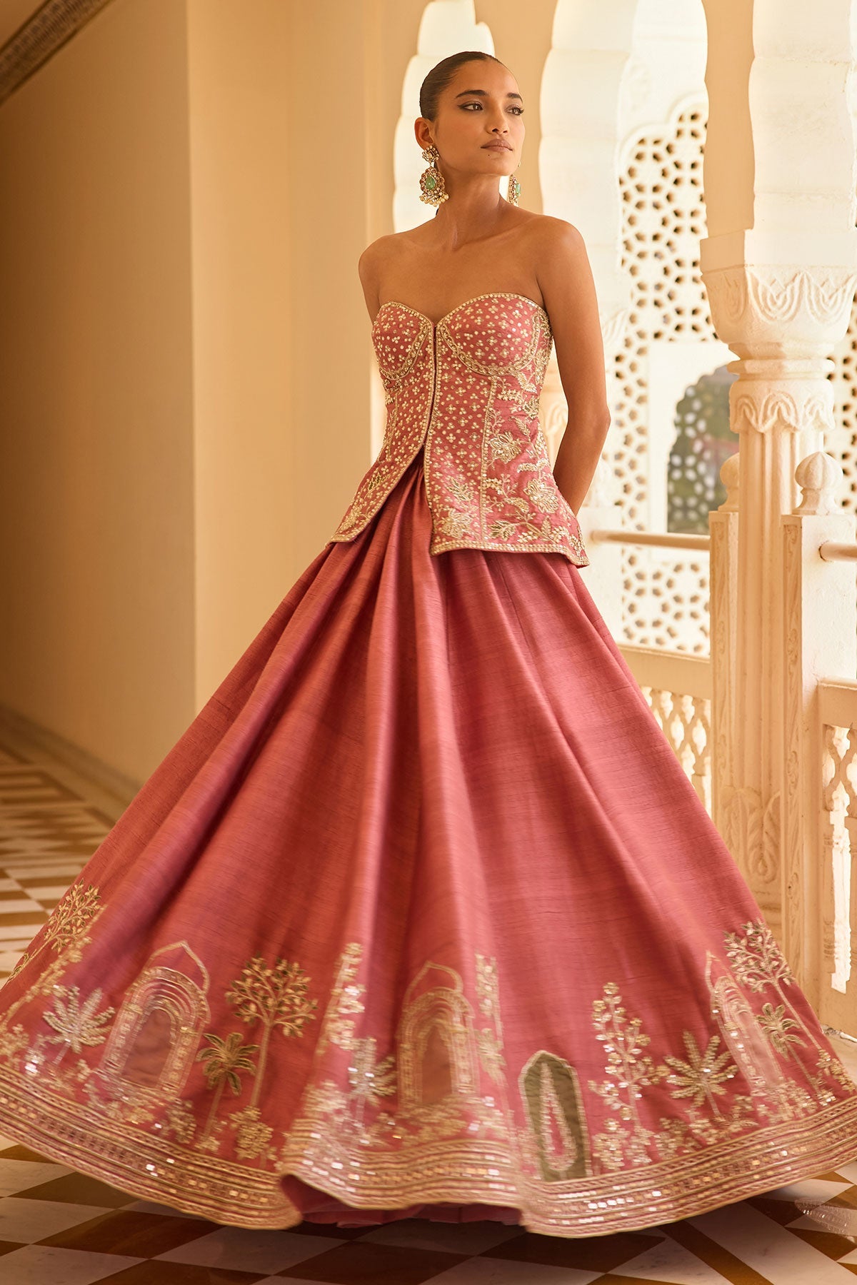 Coral Embroidered Raw Silk Lehenga Set (3-Piece) - Image 2