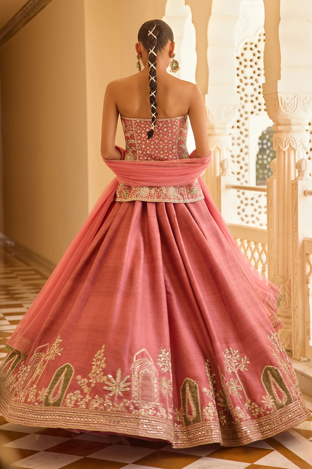 Coral Embroidered Raw Silk Lehenga Set (3-Piece) - Image 3