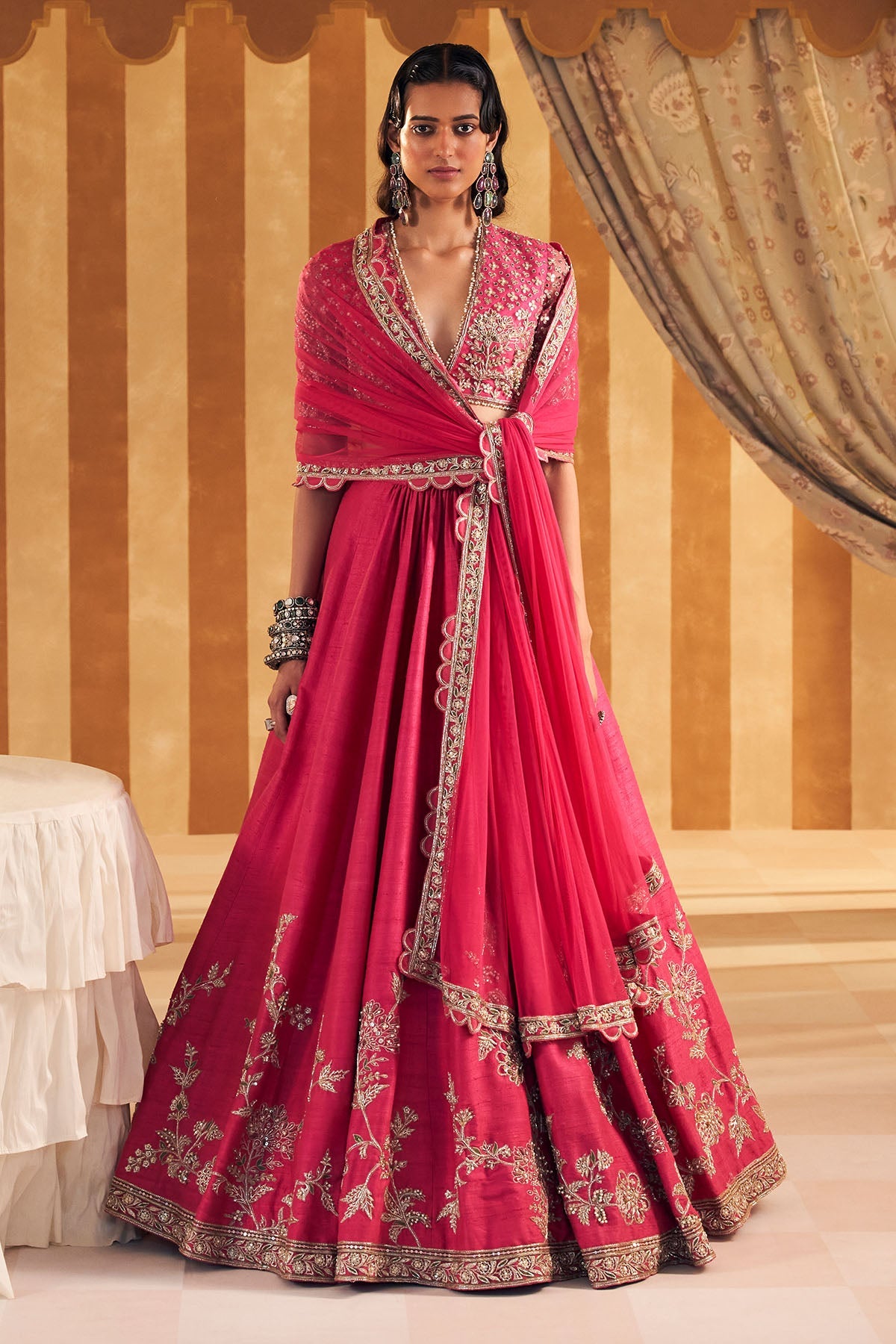 Indian Royal Fuchsia Embroidered Net & Raw Silk Lehenga (3-Piece) - Image 1