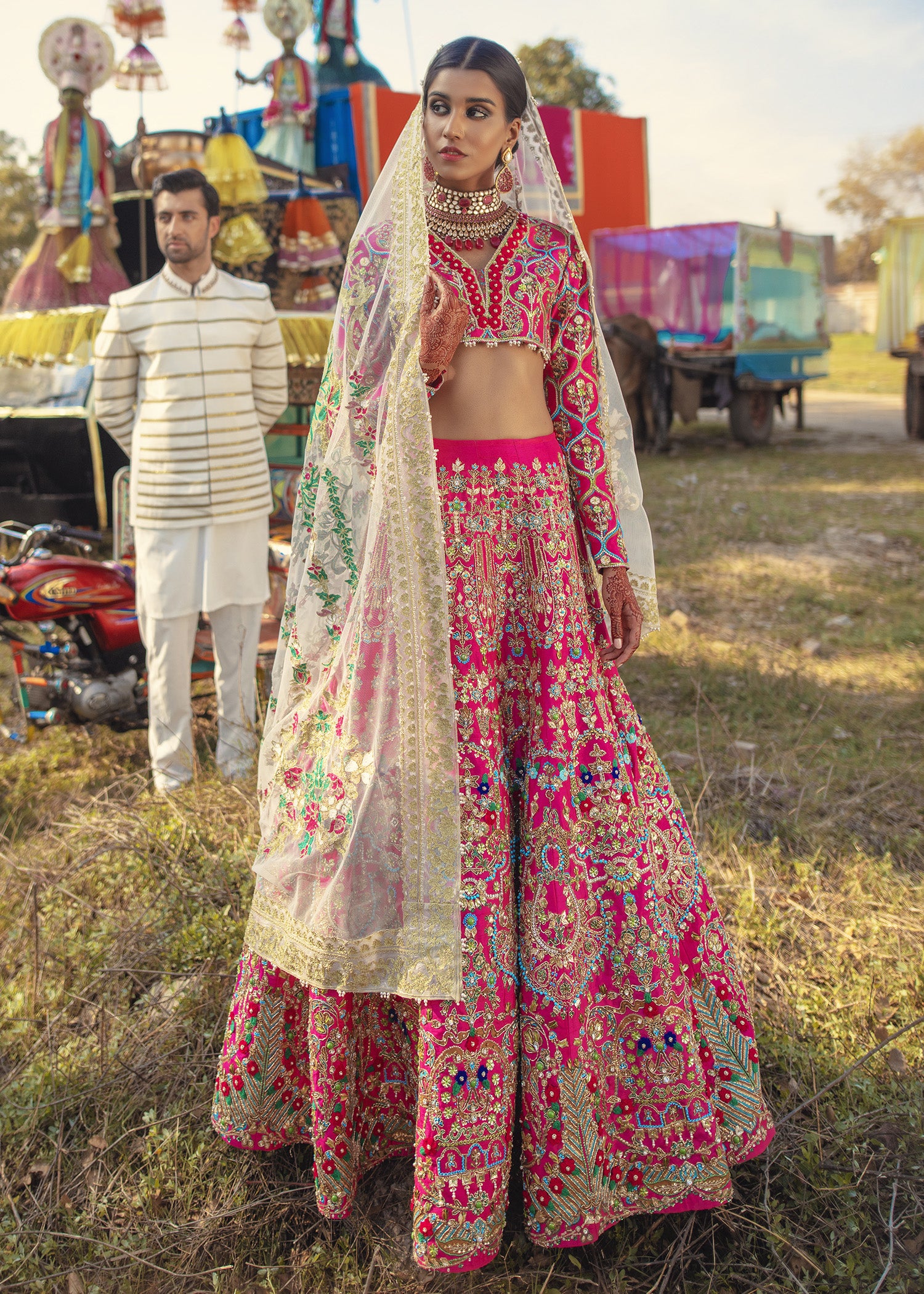 Pakistani Fuchsia Embellished Raw Silk Lehenga Choli (3-Piece) - Image 10