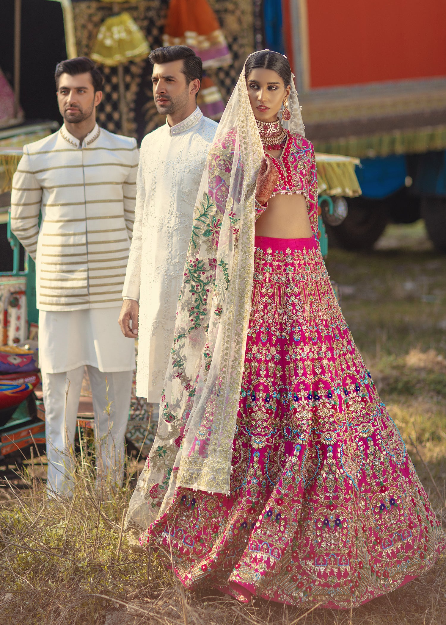 Pakistani Fuchsia Embellished Raw Silk Lehenga Choli (3-Piece) - Image 12