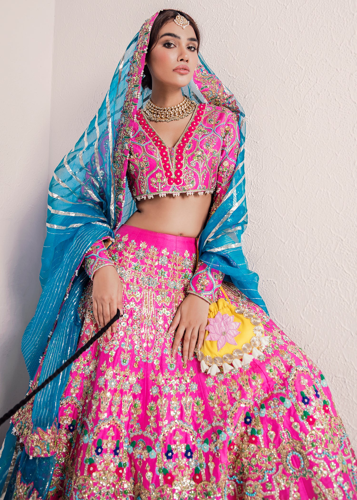 Pakistani Fuchsia Embellished Raw Silk Lehenga Choli (3-Piece) - Image 2