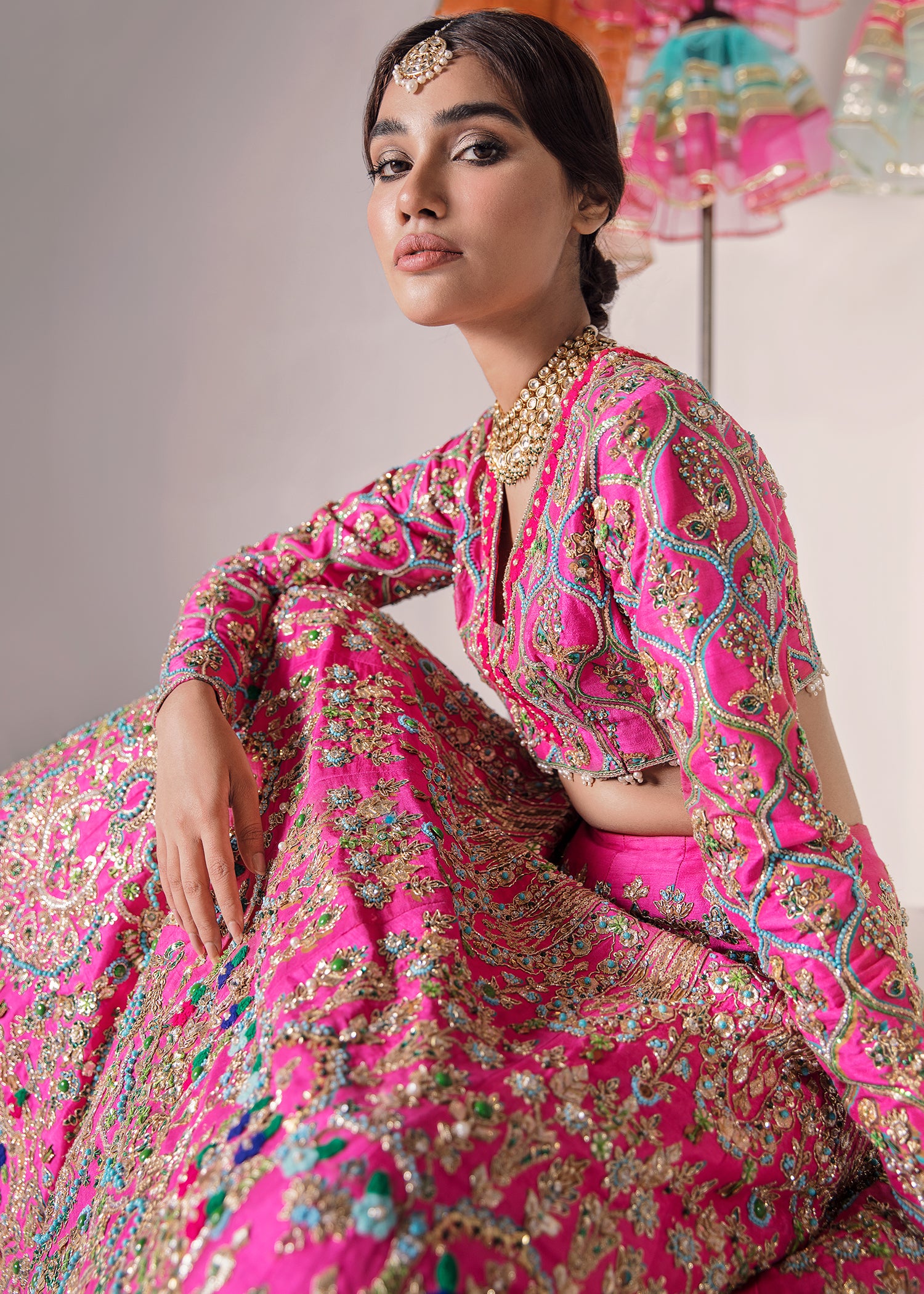 Pakistani Fuchsia Embellished Raw Silk Lehenga Choli (3-Piece) - Image 3