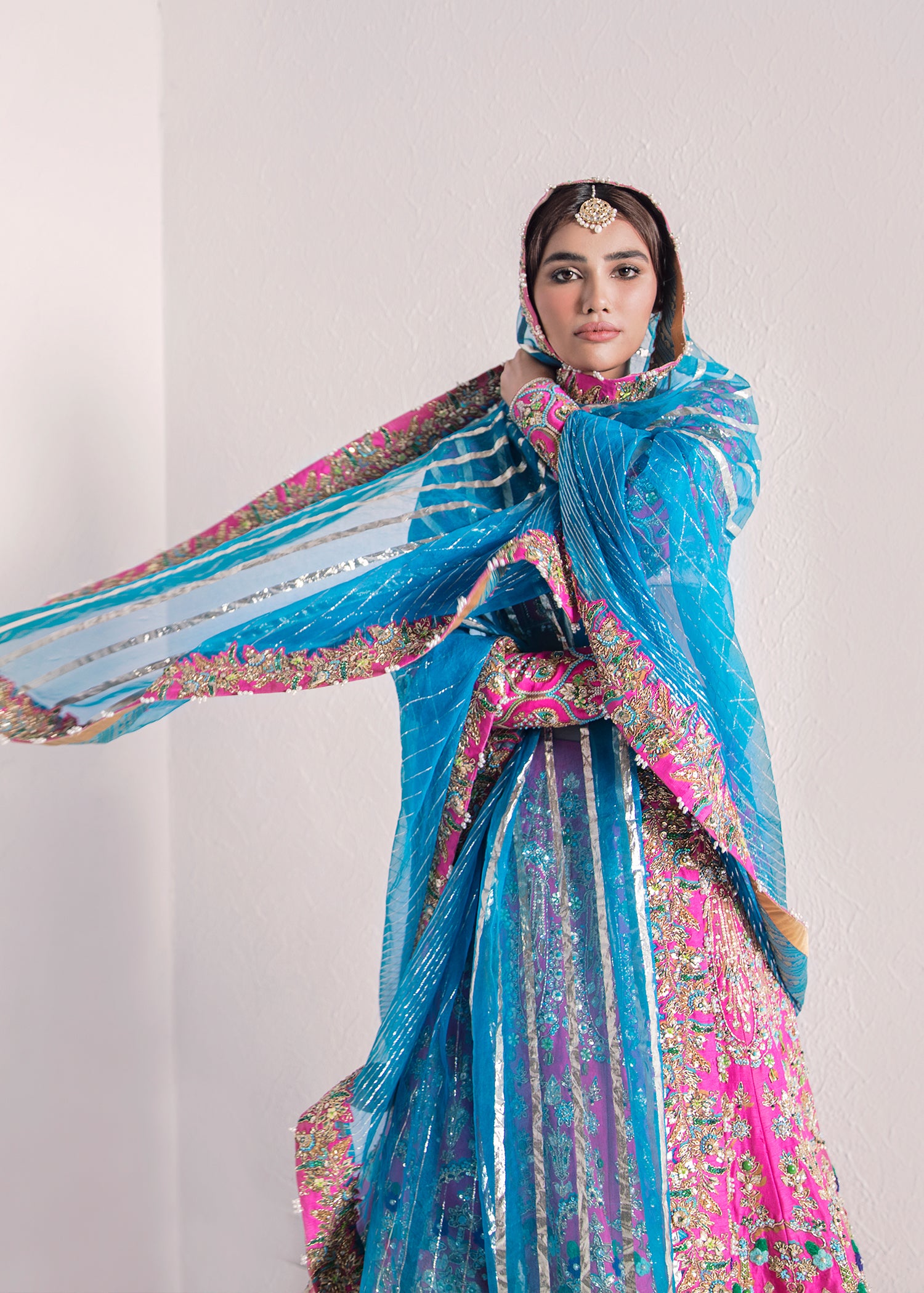 Pakistani Fuchsia Embellished Raw Silk Lehenga Choli (3-Piece) - Image 4