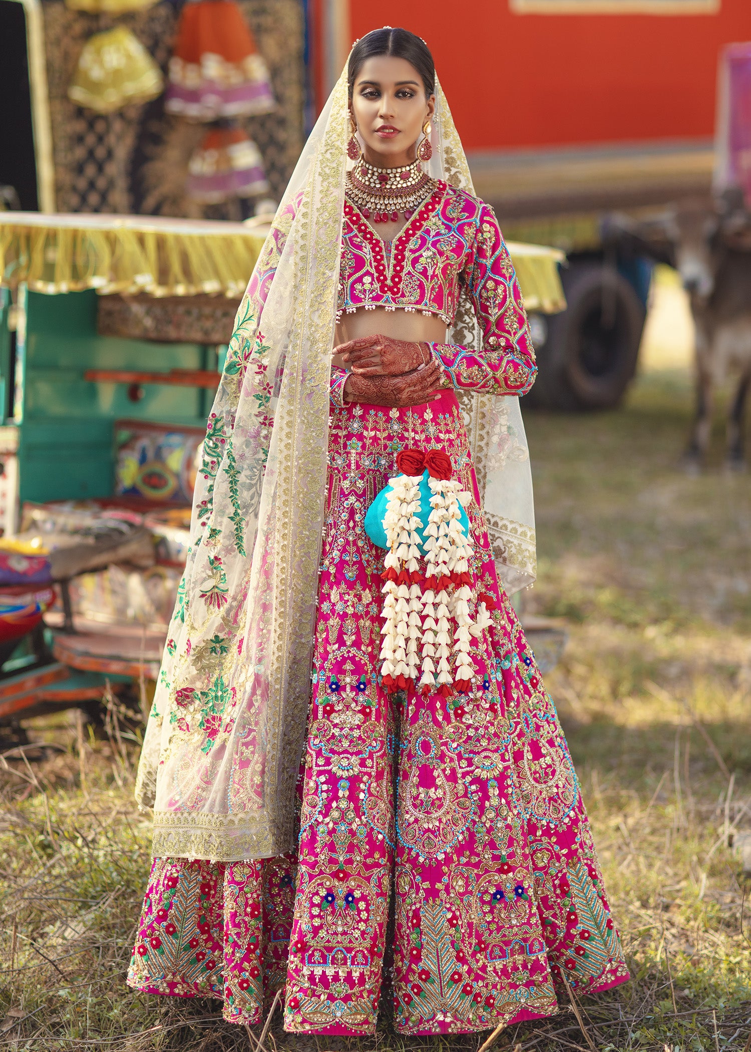 Pakistani Fuchsia Embellished Raw Silk Lehenga Choli (3-Piece) - Image 5