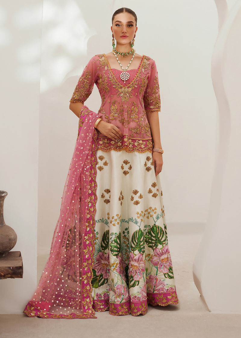 Pink & White Embroidered Net Raw Silk Lehenga (3-Piece) - Image 1