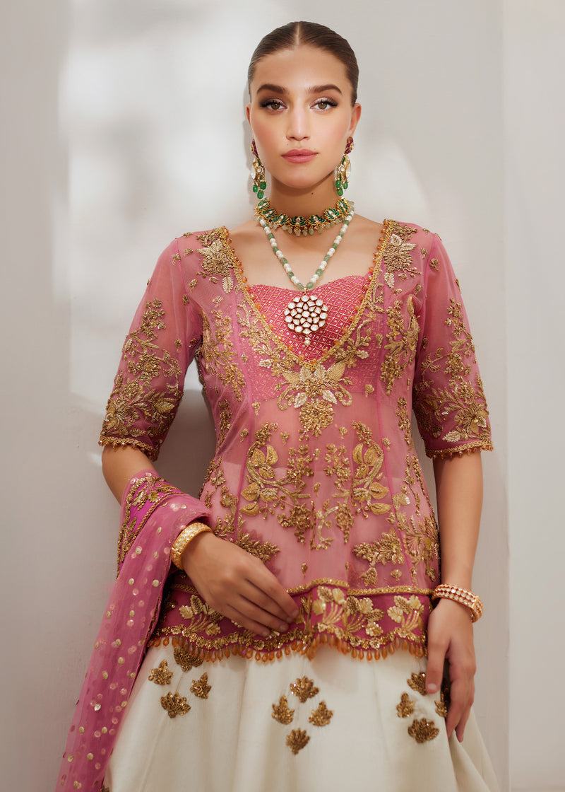Pink & White Embroidered Net Raw Silk Lehenga (3-Piece) - Image 2