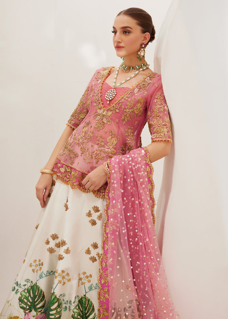 Pink & White Embroidered Net Raw Silk Lehenga (3-Piece) - Image 3
