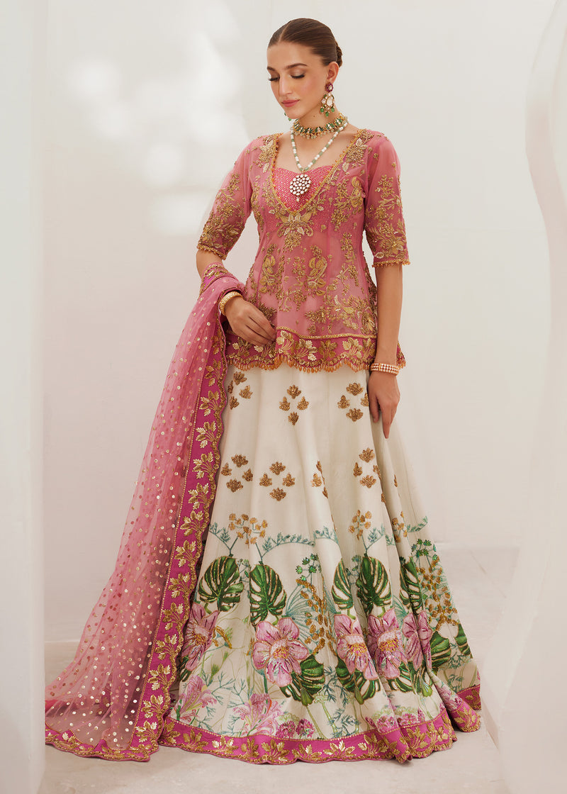 Pink & White Embroidered Net Raw Silk Lehenga (3-Piece) - Image 4