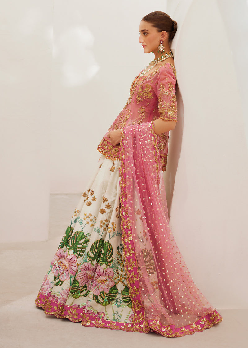 Pink & White Embroidered Net Raw Silk Lehenga (3-Piece) - Image 5