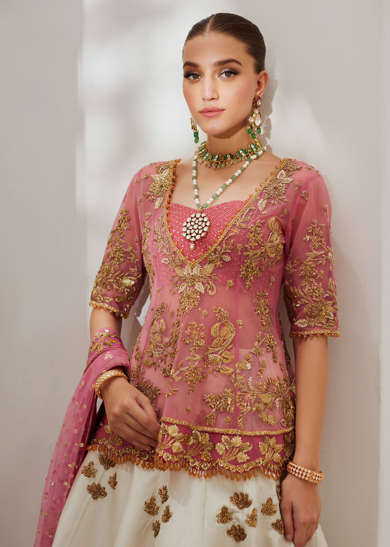 Pink & White Embroidered Net Raw Silk Lehenga (3-Piece) - Image 6