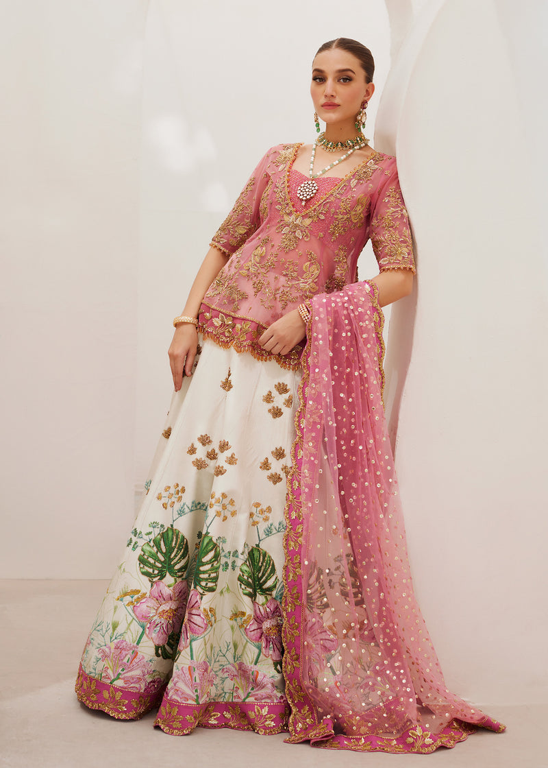 Pink & White Embroidered Net Raw Silk Lehenga (3-Piece) - Image 7