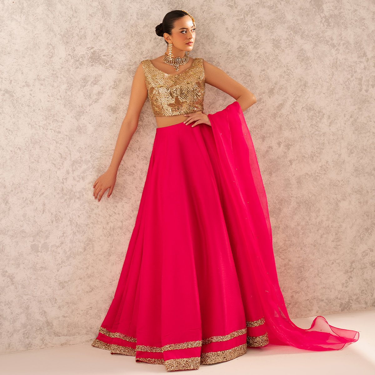 Fuchsia Pink Sequin Raw Silk Lehenga (3-Piece) - Image 1