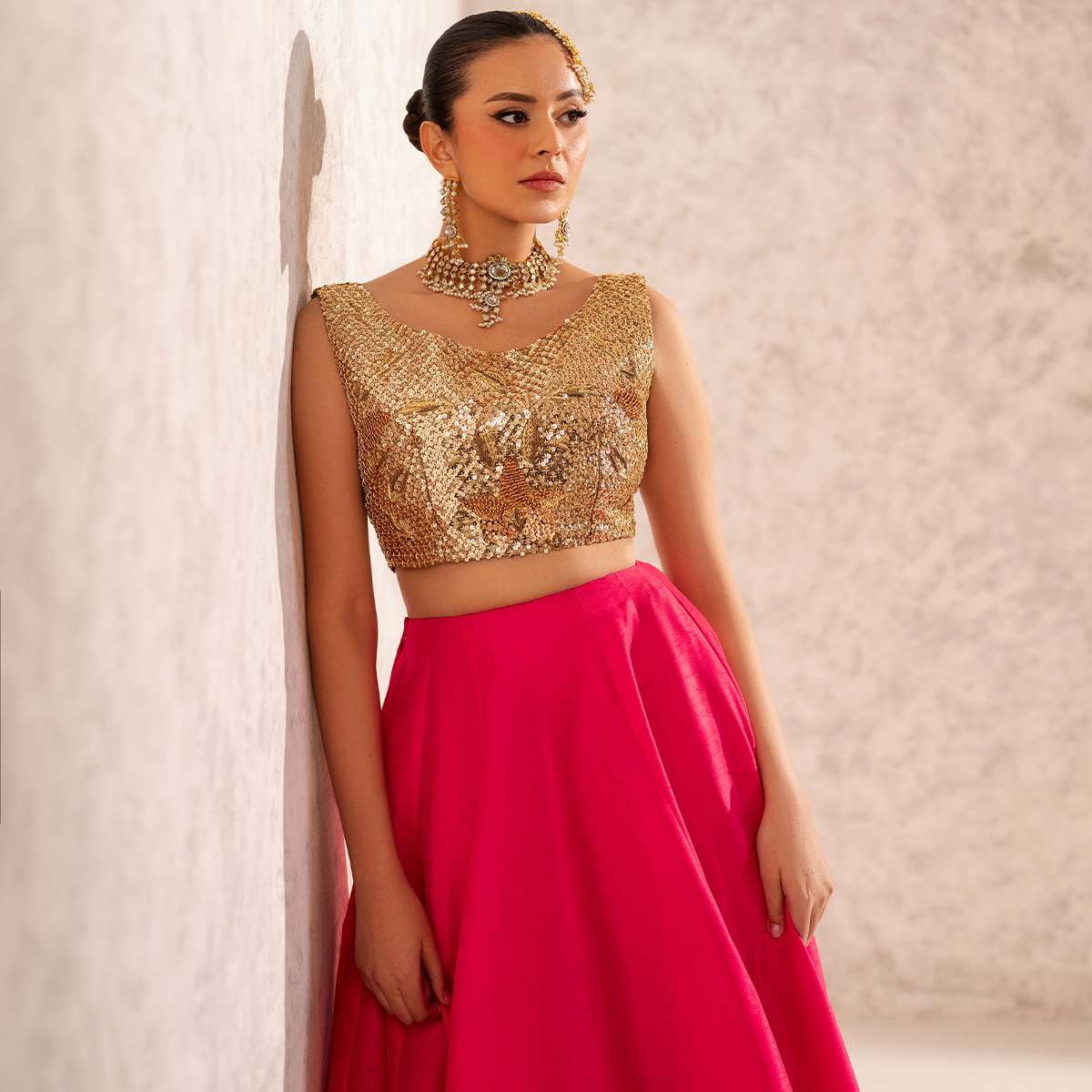 Fuchsia Pink Sequin Raw Silk Lehenga (3-Piece) - Image 2