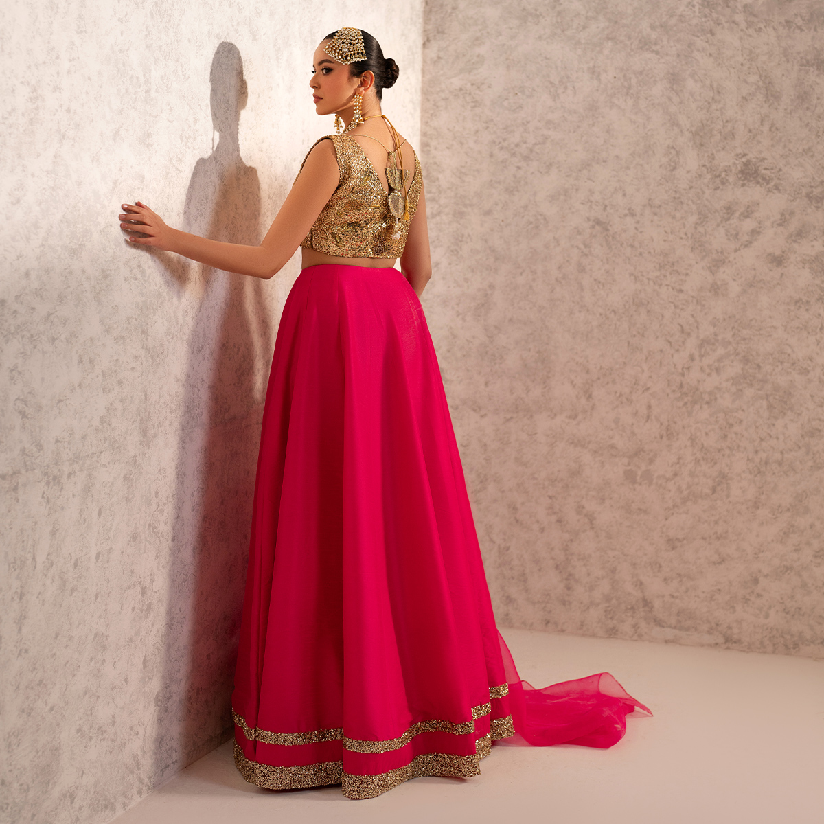 Fuchsia Pink Sequin Raw Silk Lehenga (3-Piece) - Image 3