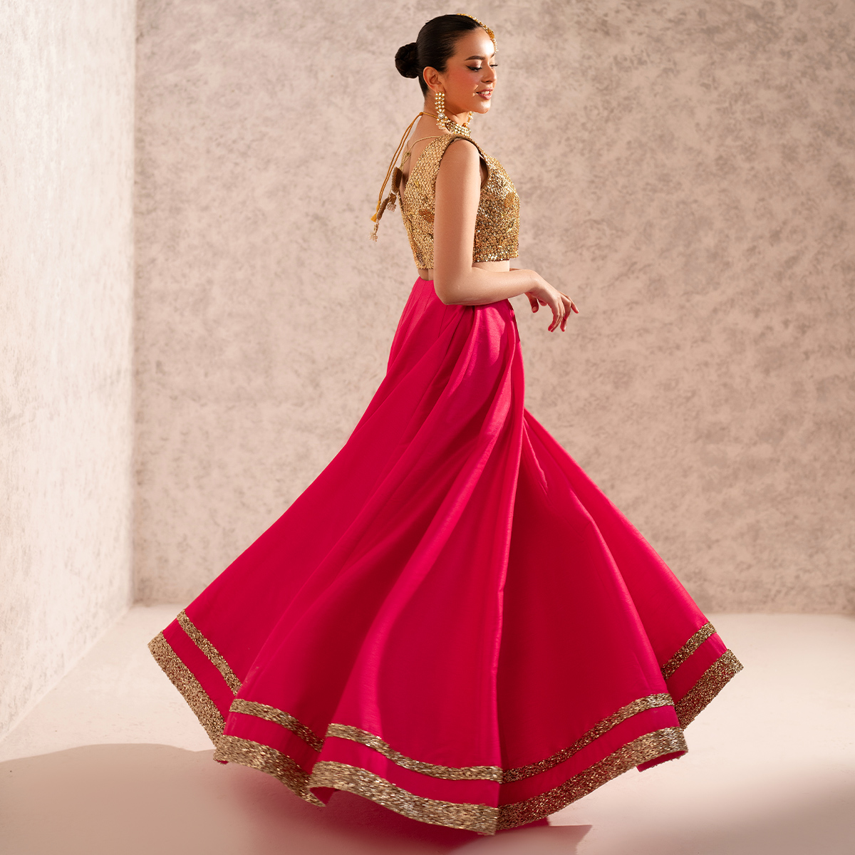 Fuchsia Pink Sequin Raw Silk Lehenga (3-Piece) - Image 4
