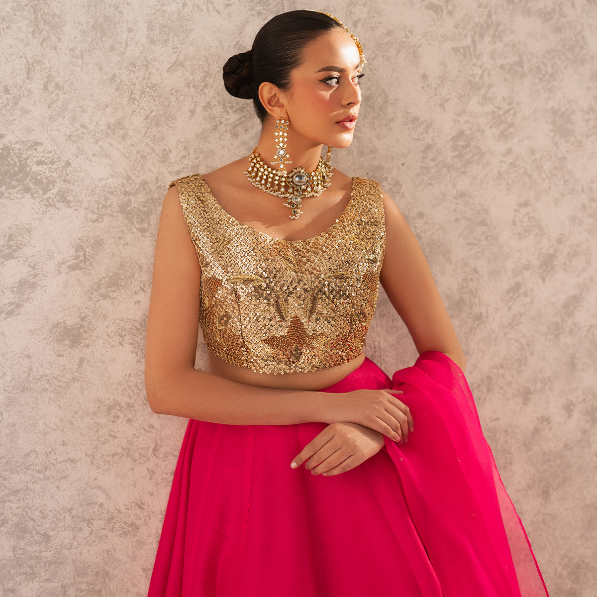 Fuchsia Pink Sequin Raw Silk Lehenga (3-Piece) - Image 5