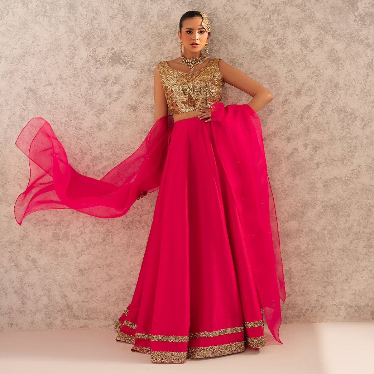 Fuchsia Pink Sequin Raw Silk Lehenga (3-Piece) - Image 6