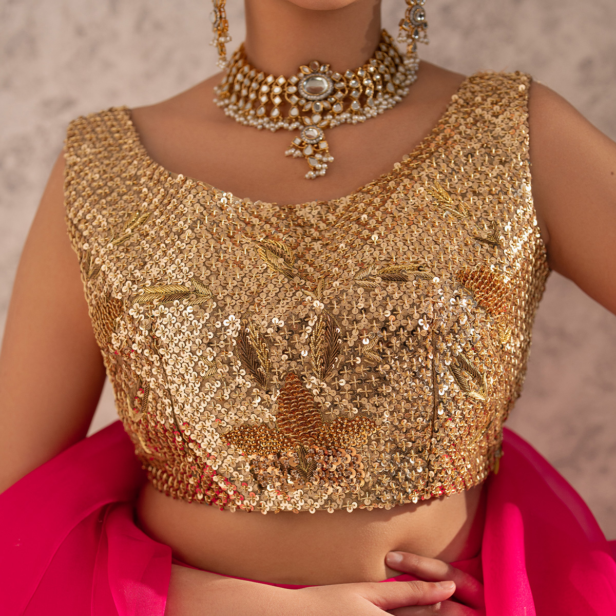 Fuchsia Pink Sequin Raw Silk Lehenga (3-Piece) - Image 7