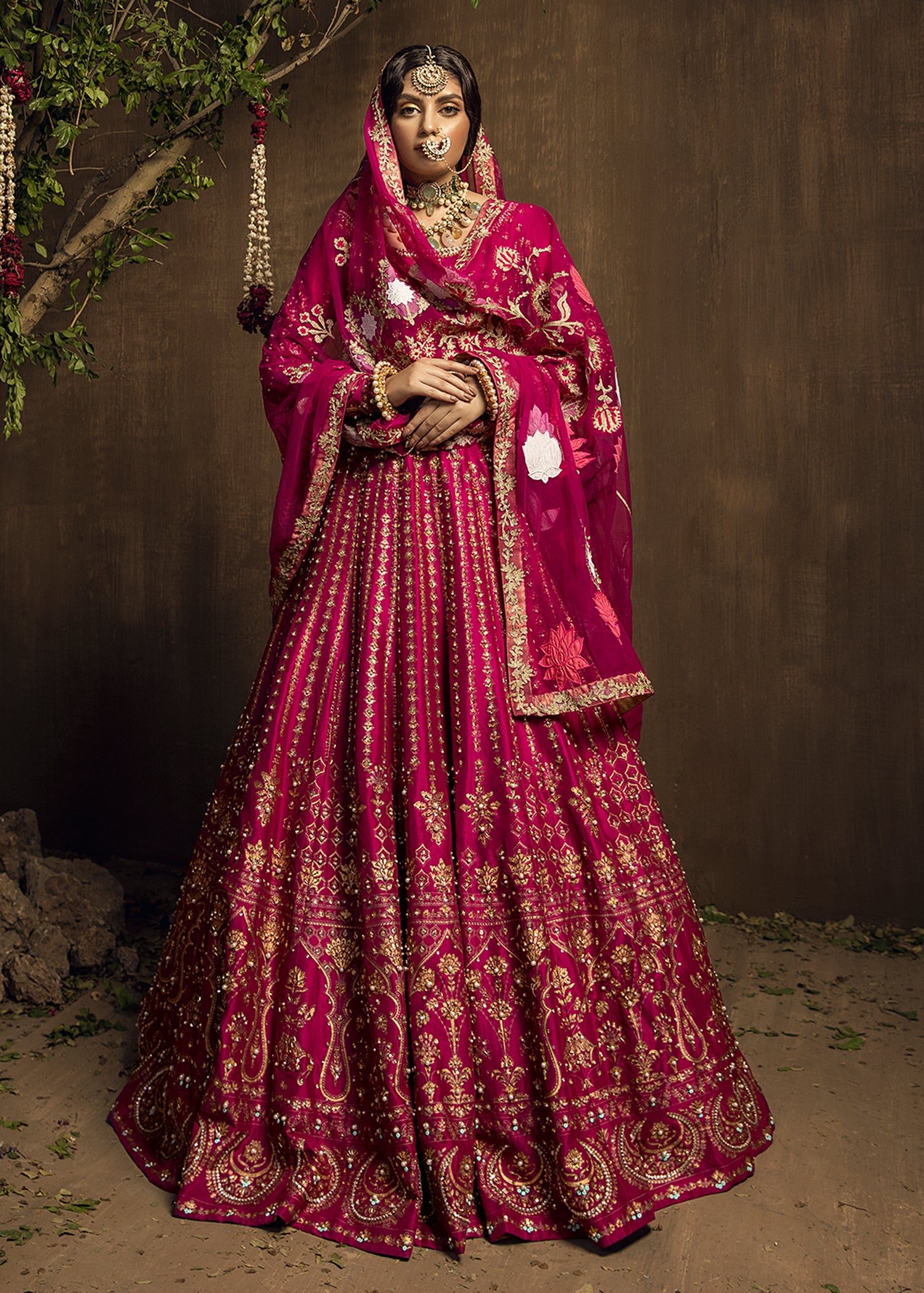Magenta Embellished Raw Silk Lehenga Choli (3-Piece) - Image 1