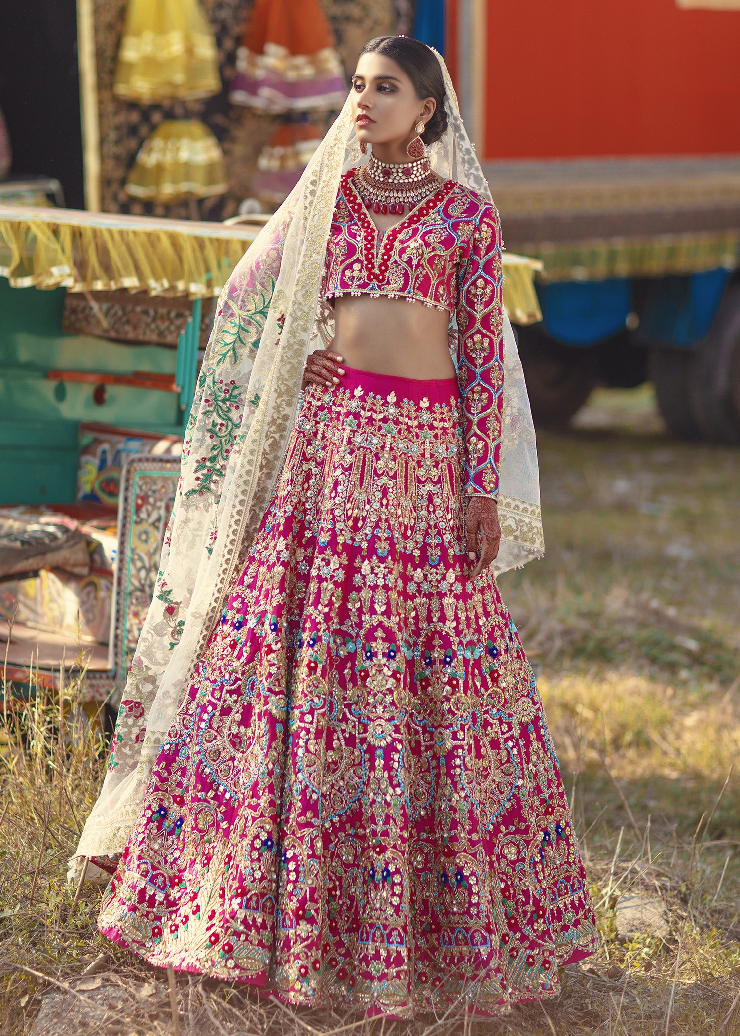 Pakistani Hot Pink Embellished Raw Silk Lehenga Choli (3-Piece) - Image 11