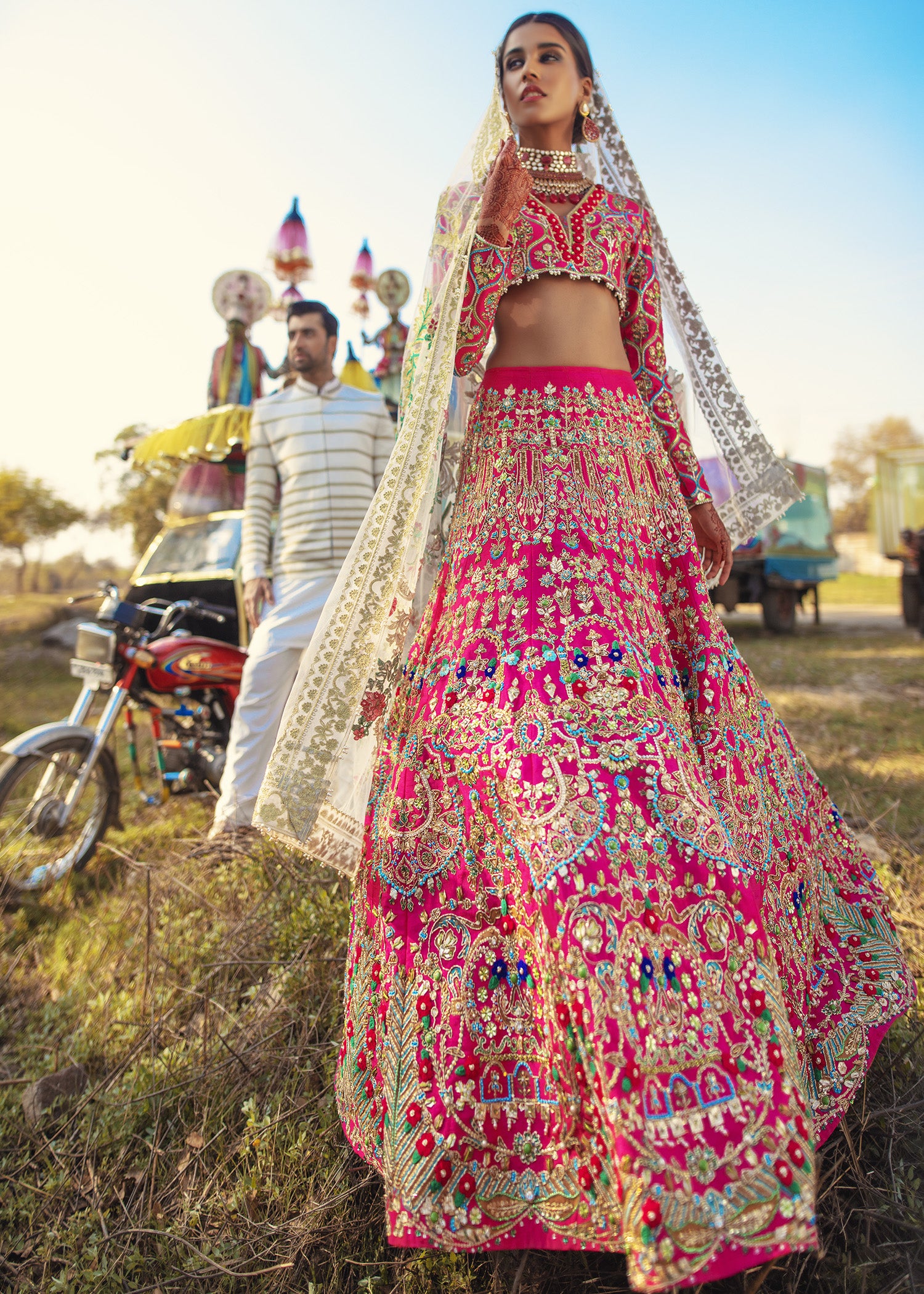Pakistani Hot Pink Embellished Raw Silk Lehenga Choli (3-Piece) - Image 6