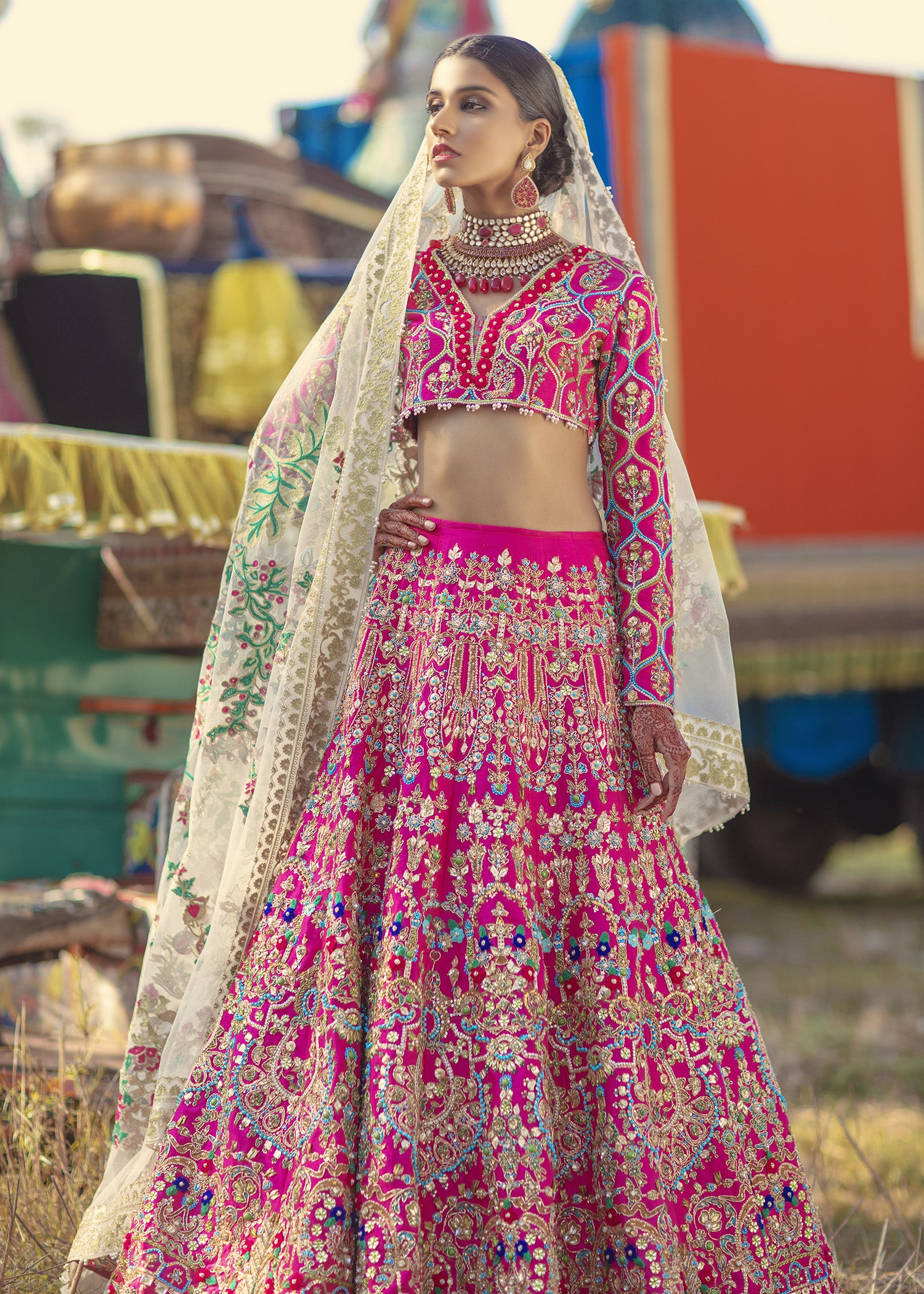 Pakistani Hot Pink Embellished Raw Silk Lehenga Choli (3-Piece) - Image 8