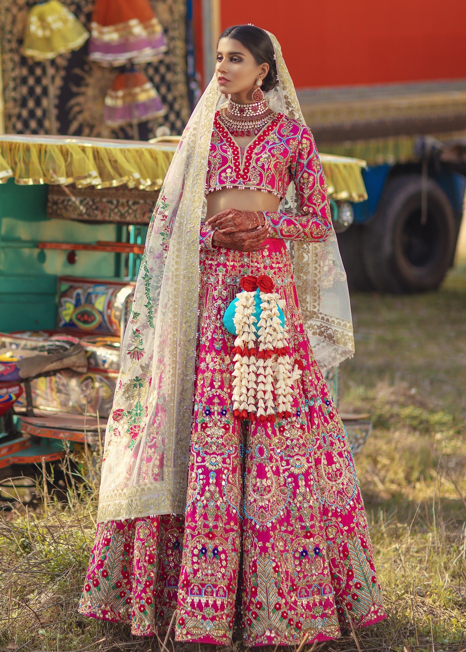 Pakistani Hot Pink Embellished Raw Silk Lehenga Choli (3-Piece) - Image 9