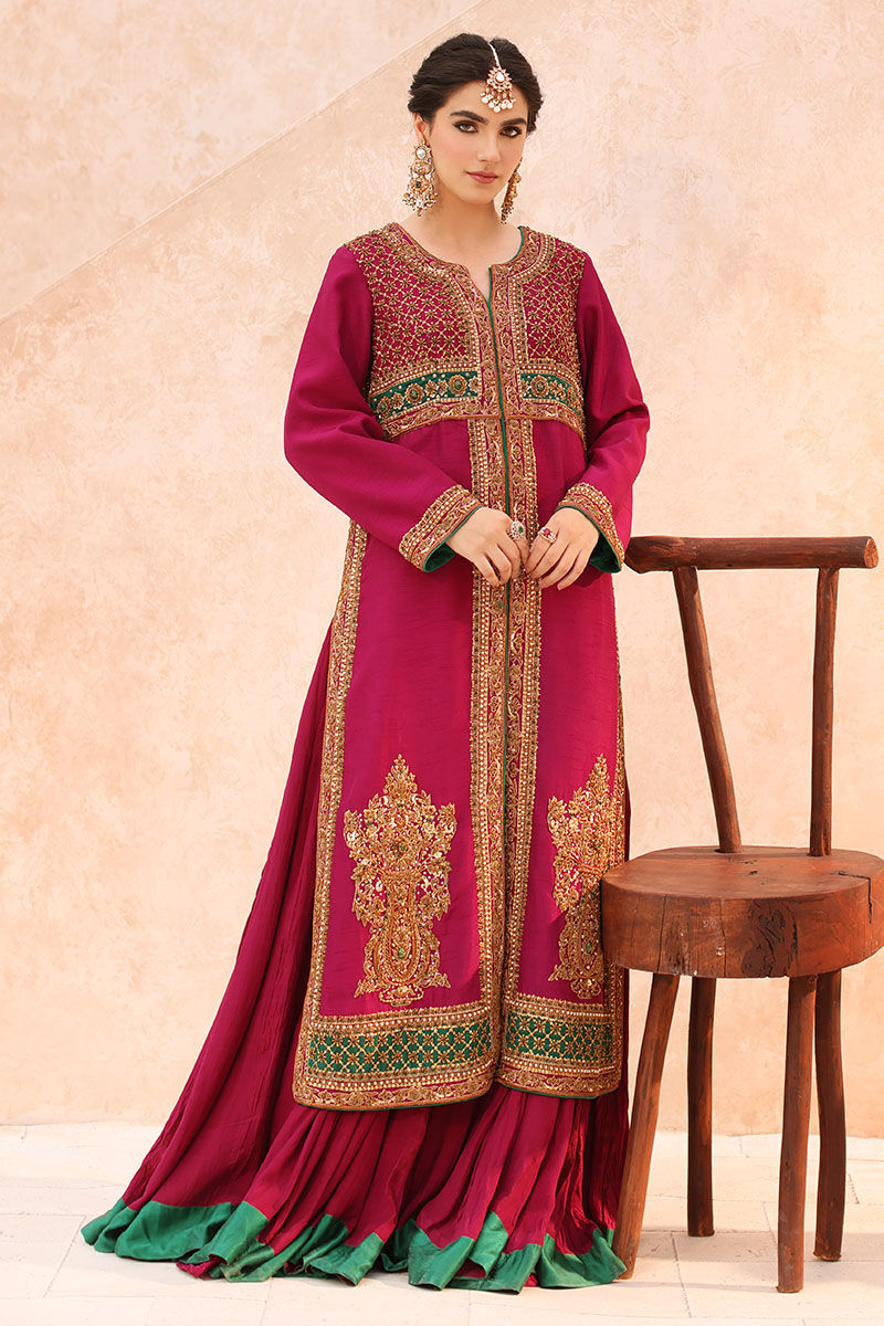 Pakistani Magenta Hand-Embellished Raw Silk Jacket Lehenga (2-Piece) - Image 1