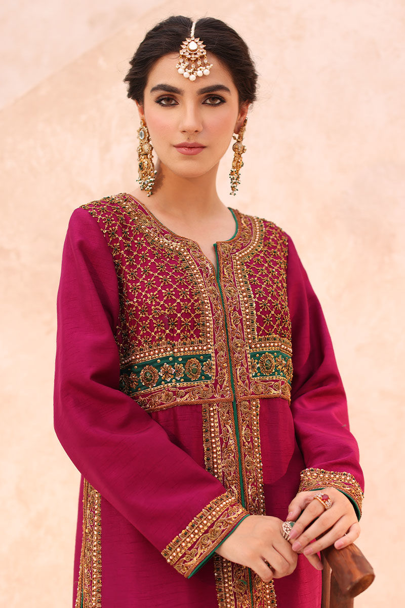 Pakistani Magenta Hand-Embellished Raw Silk Jacket Lehenga (2-Piece) - Image 2
