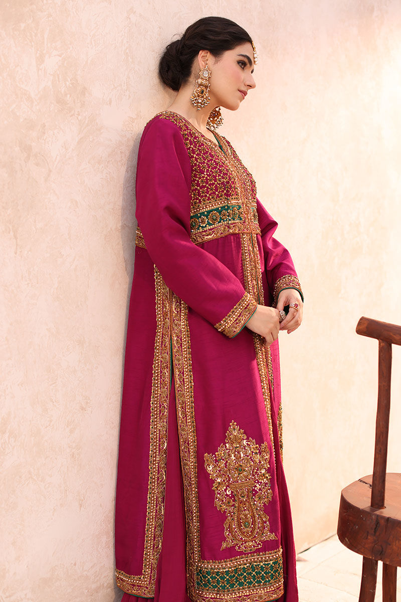 Pakistani Magenta Hand-Embellished Raw Silk Jacket Lehenga (2-Piece) - Image 3