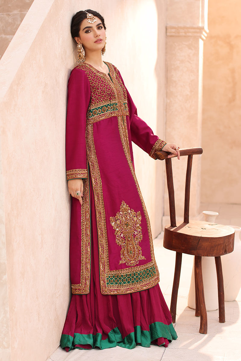 Pakistani Magenta Hand-Embellished Raw Silk Jacket Lehenga (2-Piece) - Image 4