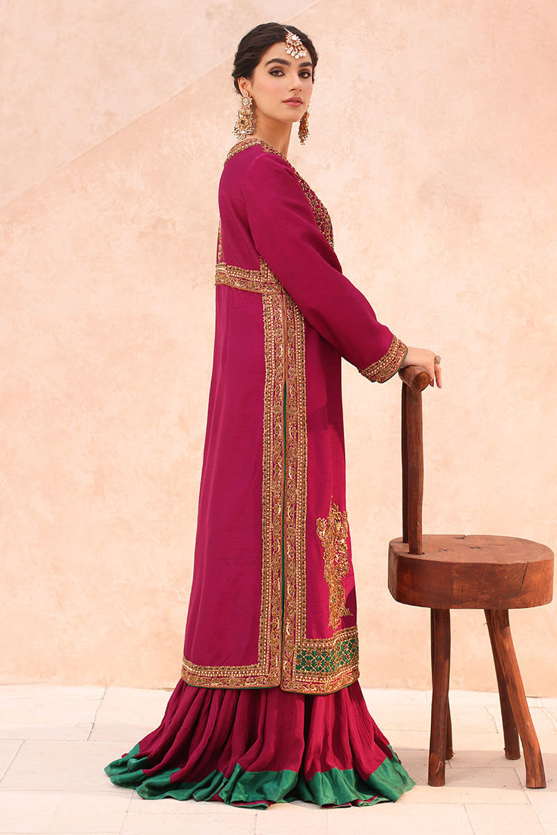 Pakistani Magenta Hand-Embellished Raw Silk Jacket Lehenga (2-Piece) - Image 5