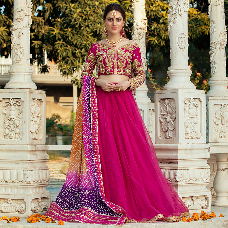 Pakistani Fuchsia Gold Embroidered Raw Silk Lehenga (4-Piece) - Image 1