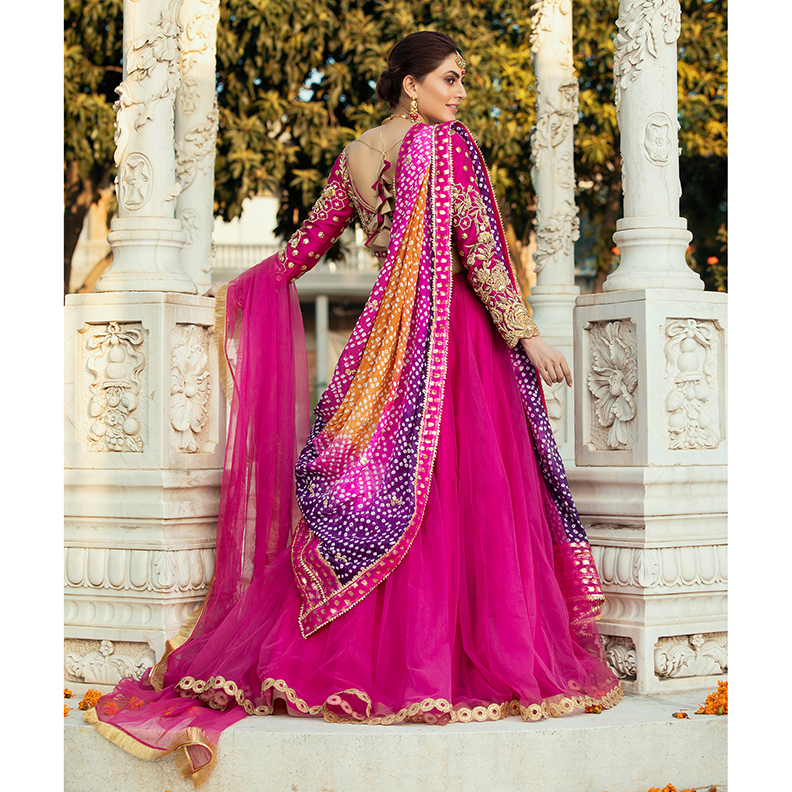 Pakistani Fuchsia Gold Embroidered Raw Silk Lehenga (4-Piece) - Image 2