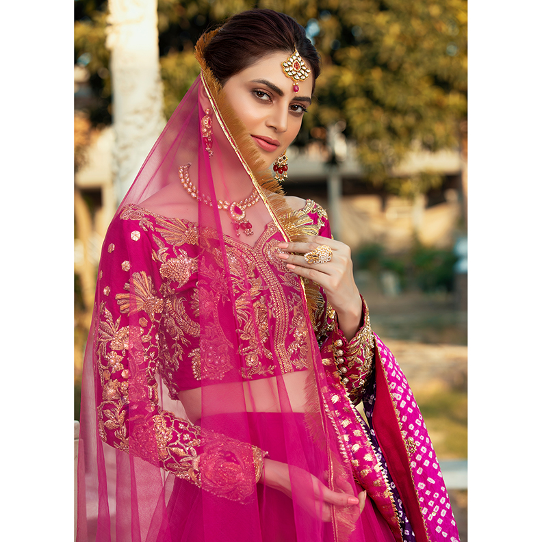 Pakistani Fuchsia Gold Embroidered Raw Silk Lehenga (4-Piece) - Image 3