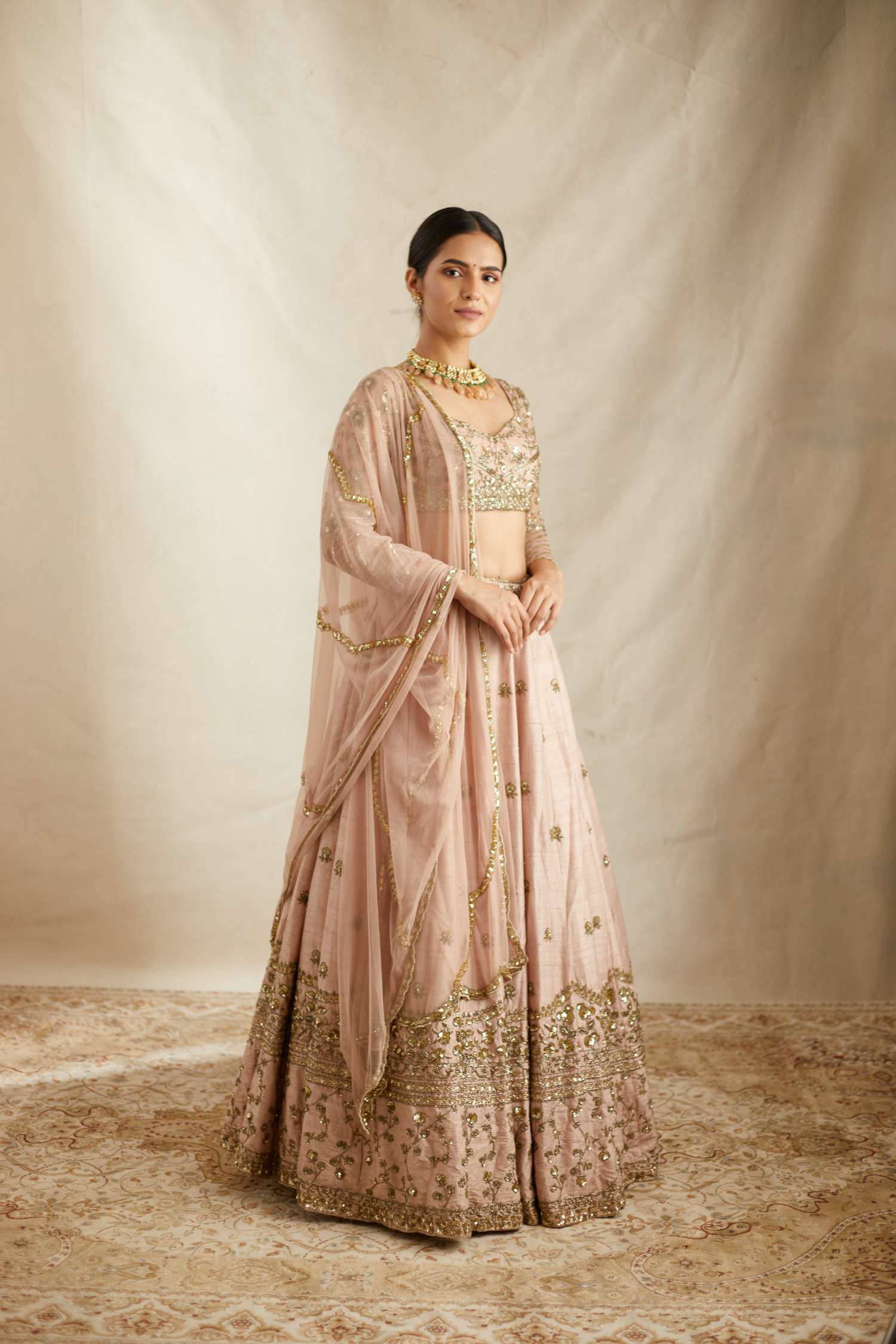 Peach Pink Embroidered Raw Silk Lehenga (3-Piece) - Image 1