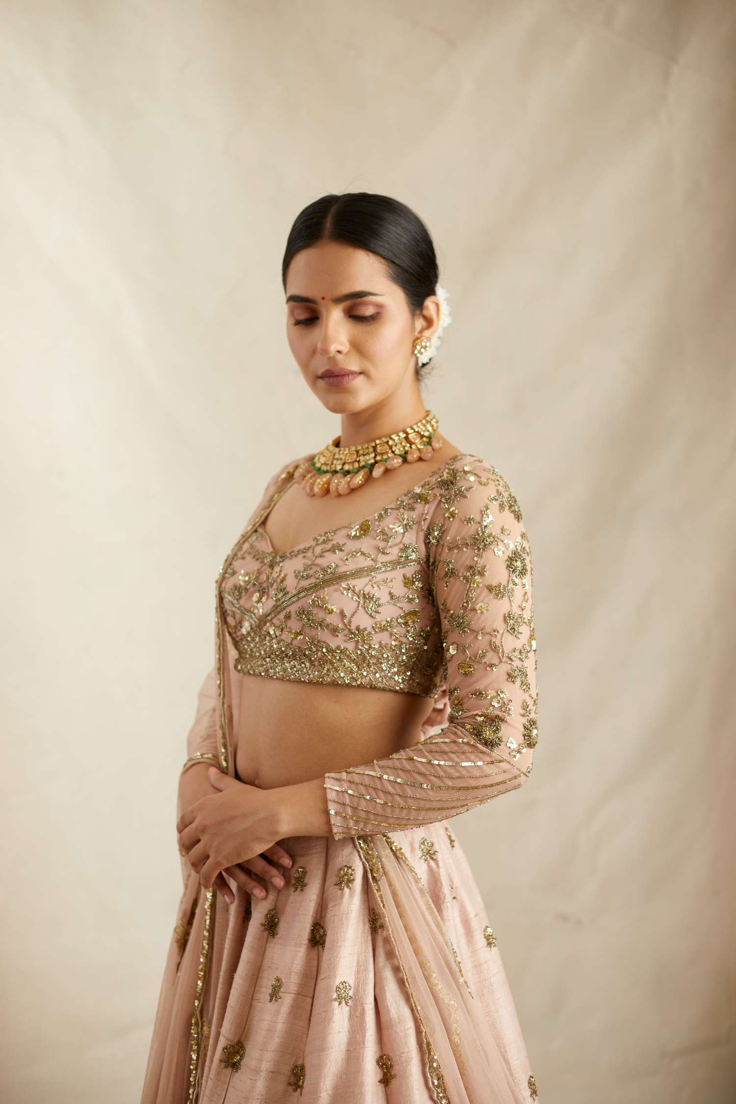 Peach Pink Embroidered Raw Silk Lehenga (3-Piece) - Image 2